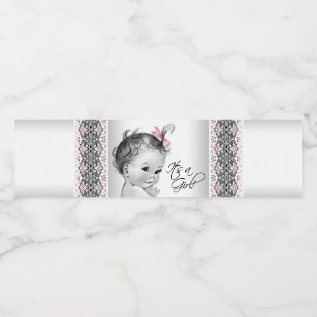 Pink Grey Vintage Baby Girl Water Bottle Labels (Single Label)