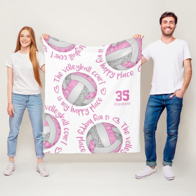 pink grey volleyball court happy place typography fleece blanket (In Situ)