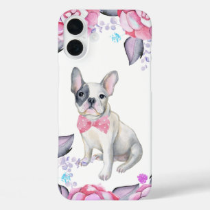 Pink grey watercolor roses cute french bulldog iPhone 16 plus case
