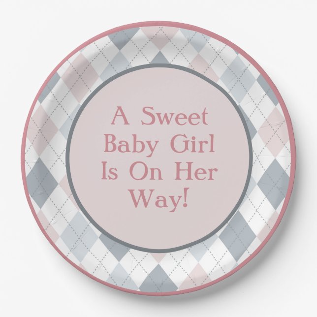 Pink Grey White Argyle Patterned  Paper Plate (Front)