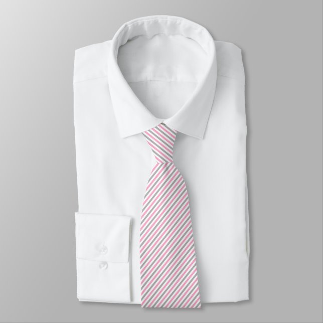 Pink, Grey, White Diagonal Stripes Necktie (Tied)