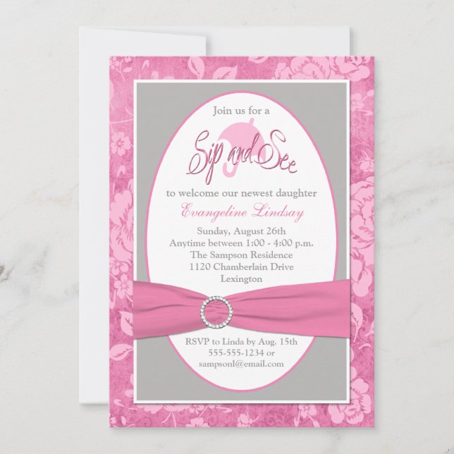 Pink Grey White Floral Sip and See Invitation (Front)