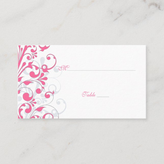 Pink, Grey, White Floral Wedding Place Cards (Front)