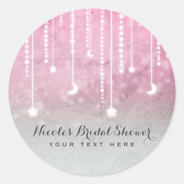 Pink Grey White Moon & Stars Celestial Baby Shower Classic Round Sticker (Front)