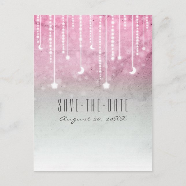 Pink Grey White Moon Stars Celestial Save the Date Announcement Postcard (Front)