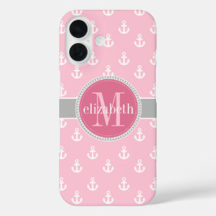 Pink Grey White Ship Anchors Monogram iPhone 16 Case