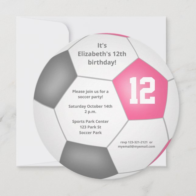 pink grey white soccer themed birthday party announcement (Front)