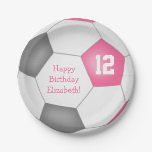 pink grey white soccer themed birthday party paper plate