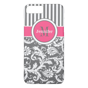 Pink, Grey, White Striped, Damask iPhone 7 Case