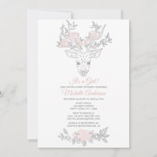 Pink Grey Woodland Deer Floral Girl Baby Shower Invitation