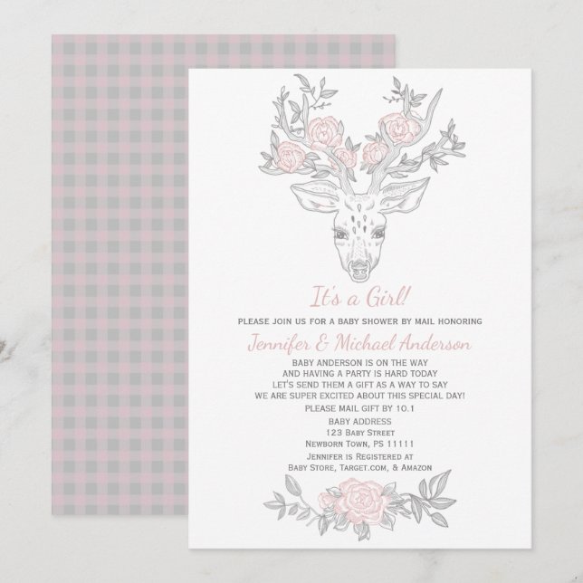 Pink Grey Woodland Girl Deer Baby Shower By Mail Invitation (Front/Back)