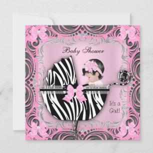 Pink Grey Zebra Baby Shower Cute Baby Girl Invitation
