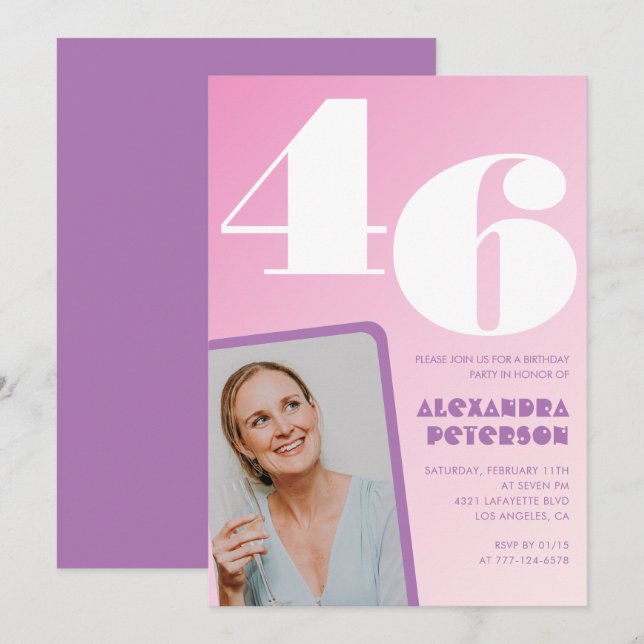 Pink Groovy 46th birthday invitations Retro Photo (Front/Back)