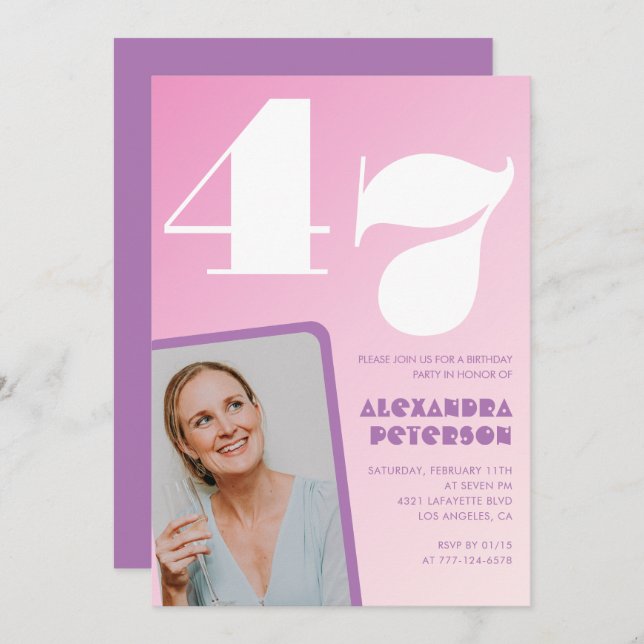 Pink Groovy 47th birthday invitations Retro Photo (Front/Back)