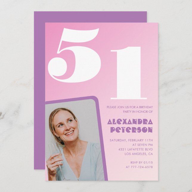 Pink Groovy 51st birthday invitations Retro Photo (Front/Back)
