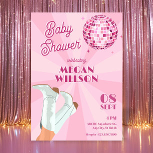 Pink groovy boots disco ball baby shower invitation