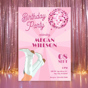 Pink groovy boots disco ball birthday invitation