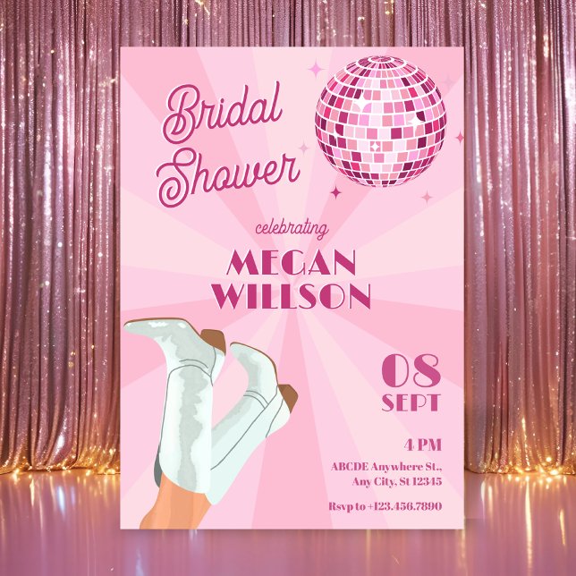 Pink groovy boots disco ball bridal shower invitation (Creator Uploaded)