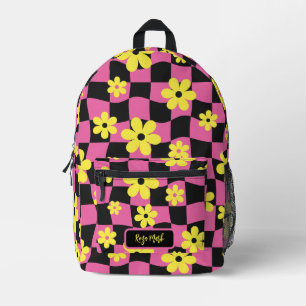 Pink Groovy Daisy Floral Checkerboard Printed Backpack