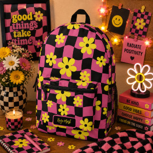 Pink Groovy Daisy Floral Chequerboard Printed Backpack