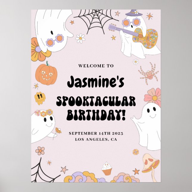 Pink Groovy Ghost Birthday Welcome Sign (Front)