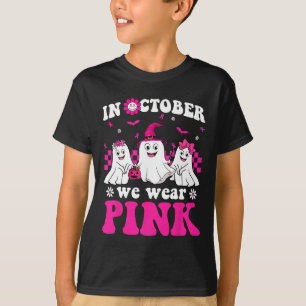 Pink Groovy Ghost Halloween Breast Cancer Awarenes T-Shirt