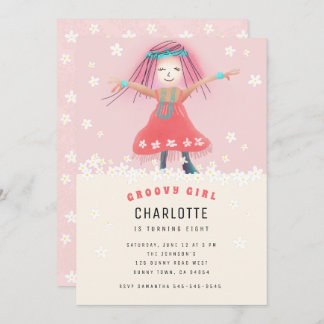 Pink Groovy Girl Boho Cute Floral Birthday Party Invitation