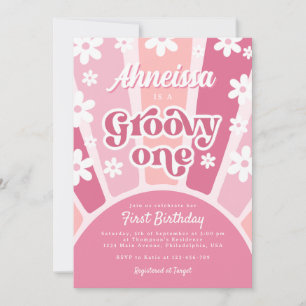 Pink Groovy One Retro Rainbow Daisy First Birthday Invitation