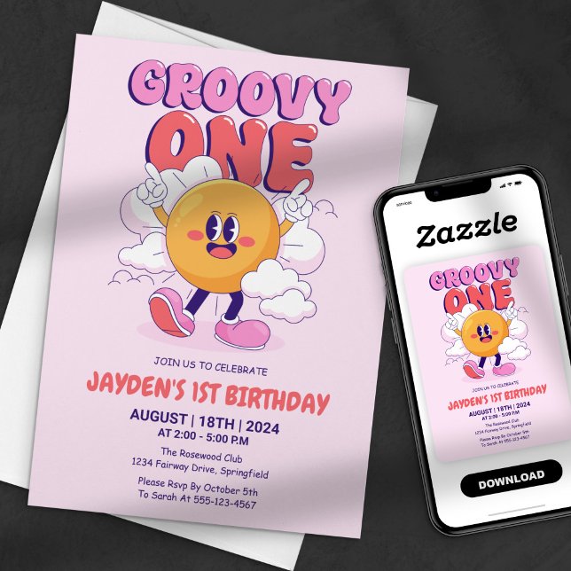 Pink Groovy One Retro Sun First Birthday Invitation (Creator Uploaded)