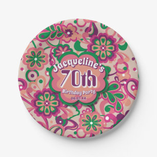 Pink Groovy Psychedelic 60s 70s Floral Birthday Paper Plate