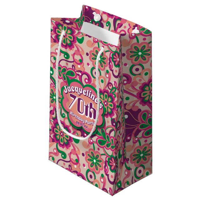 Pink Groovy Psychedelic 60s 70s Floral Birthday Small Gift Bag (Front Angled)