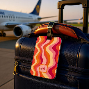 Pink Groovy Retro Waves Monogram Personalised Luggage Tag