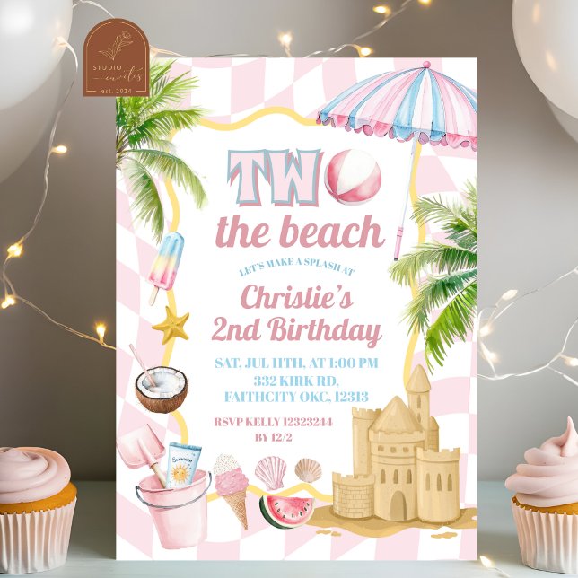  Pink Groovy Two the Beach 2nd Birthday Party Invitation (Creator Uploaded)