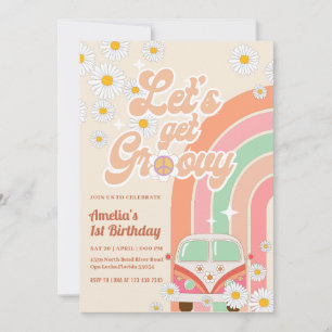 Pink Groovy Van Daisy Rainbow Hippie Birthday Invitation