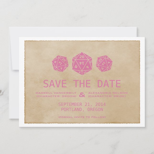 Pink Grunge D20 Dice Gamer Save the Date Invite (Front)