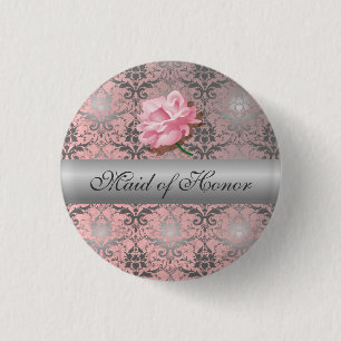 Pink Grunge Damask Maid of Honour Button