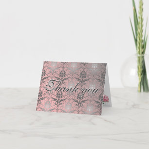 Pink Grunge Damask Thank You Note Card