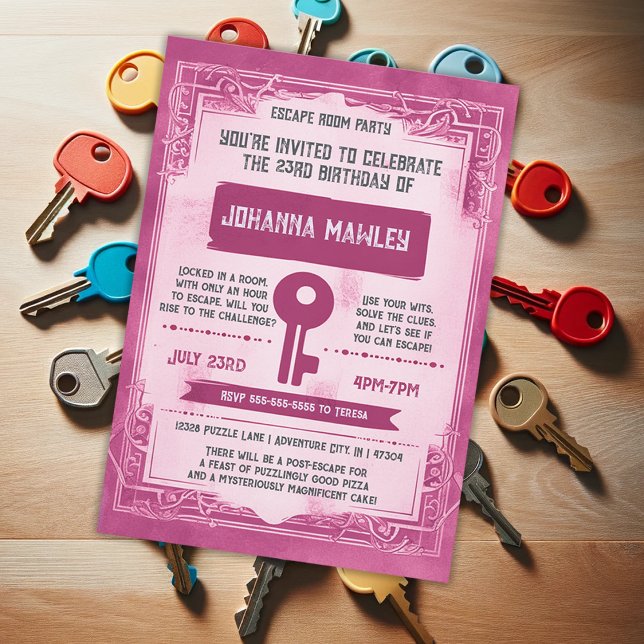 Pink Grunge Escape Room Key Birthday Party Invitat Invitation (Creator Uploaded)