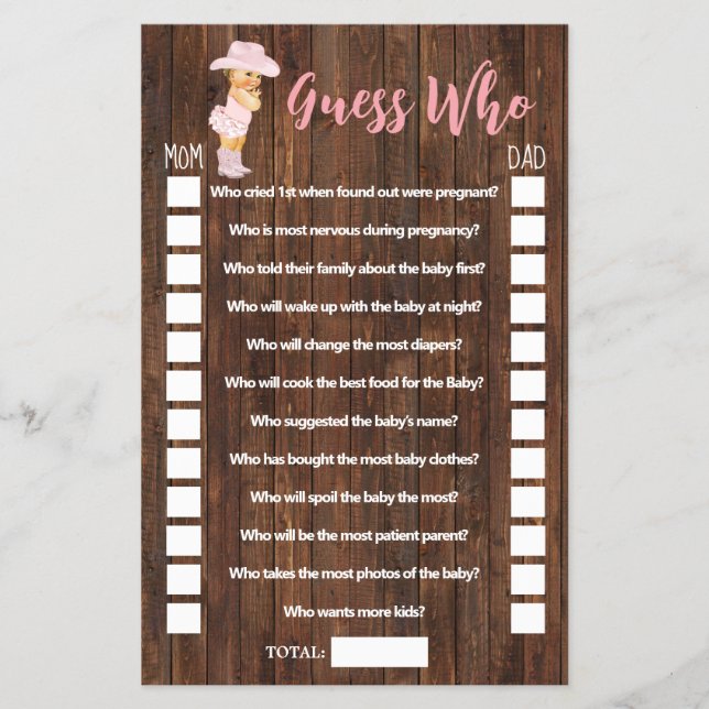 Pink Guess Who Cowgirl Baby Shower Game Card (Front)