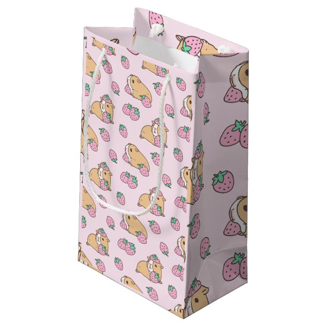 Pink Guinea pig and Strawberry Pattern Small Gift Bag (Back Angled)