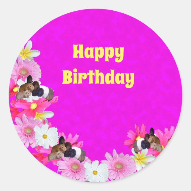 Pink Guinea Pigs And Flowers, Round Stickers (Front)