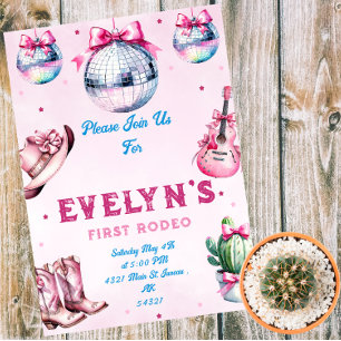 Pink Guitar Cowboy Party Cactus Birthday  Invitation