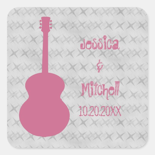 Pink Guitar Grunge Wedding Stickers (Front)