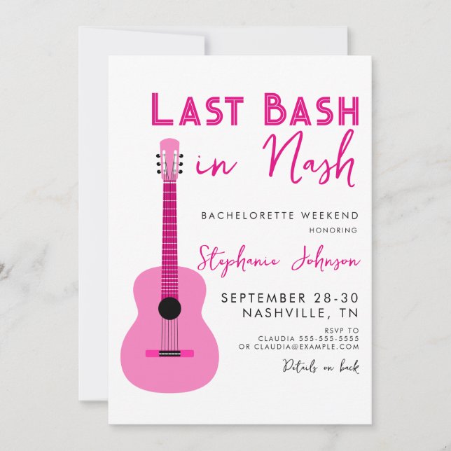 Pink Guitar Last Bash in Nash Bachelorette   Invitation (Front)
