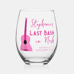 Pink Guitar Last Bash in Nash Bachelorette Stemless Wine Glass