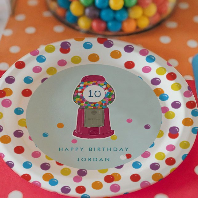 Pink Gumball Machine Candy Bubble Gum Birthday Paper Plate (Retro gumball machine birthday party with colorful gumball candy personalized paper plates.)