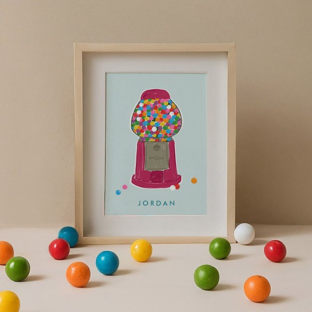Pink Gumball Machine Candy Bubble Gum Personalised Poster (Pink retro gumball candy machine mint blue personalized kids art print.)