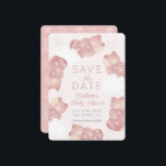 Pink Gummy Bear Baby Shower Save the Date Card<br><div class="desc">This cute "we can bearly wait" girl baby shower save the date features a light pink background with pink gummy bears,  clouds,  and stars. The reverse side features a pink background with bear and pacifier patterns. Personalize it for your needs. You can find matching products at my store.</div>