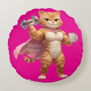 Pink Gym Cat Round Pillow – Cute Fitness Decor