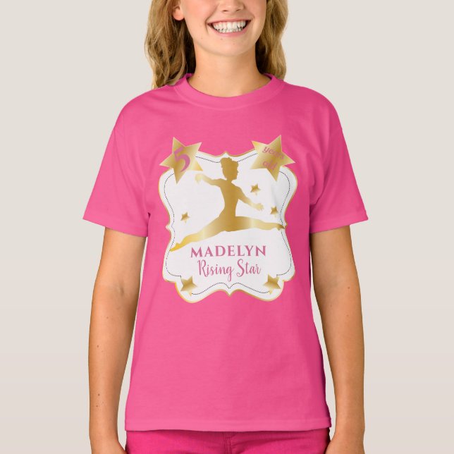 Pink Gymnast Rising Star Gymnastics Birthday Girl  T-Shirt (Front)